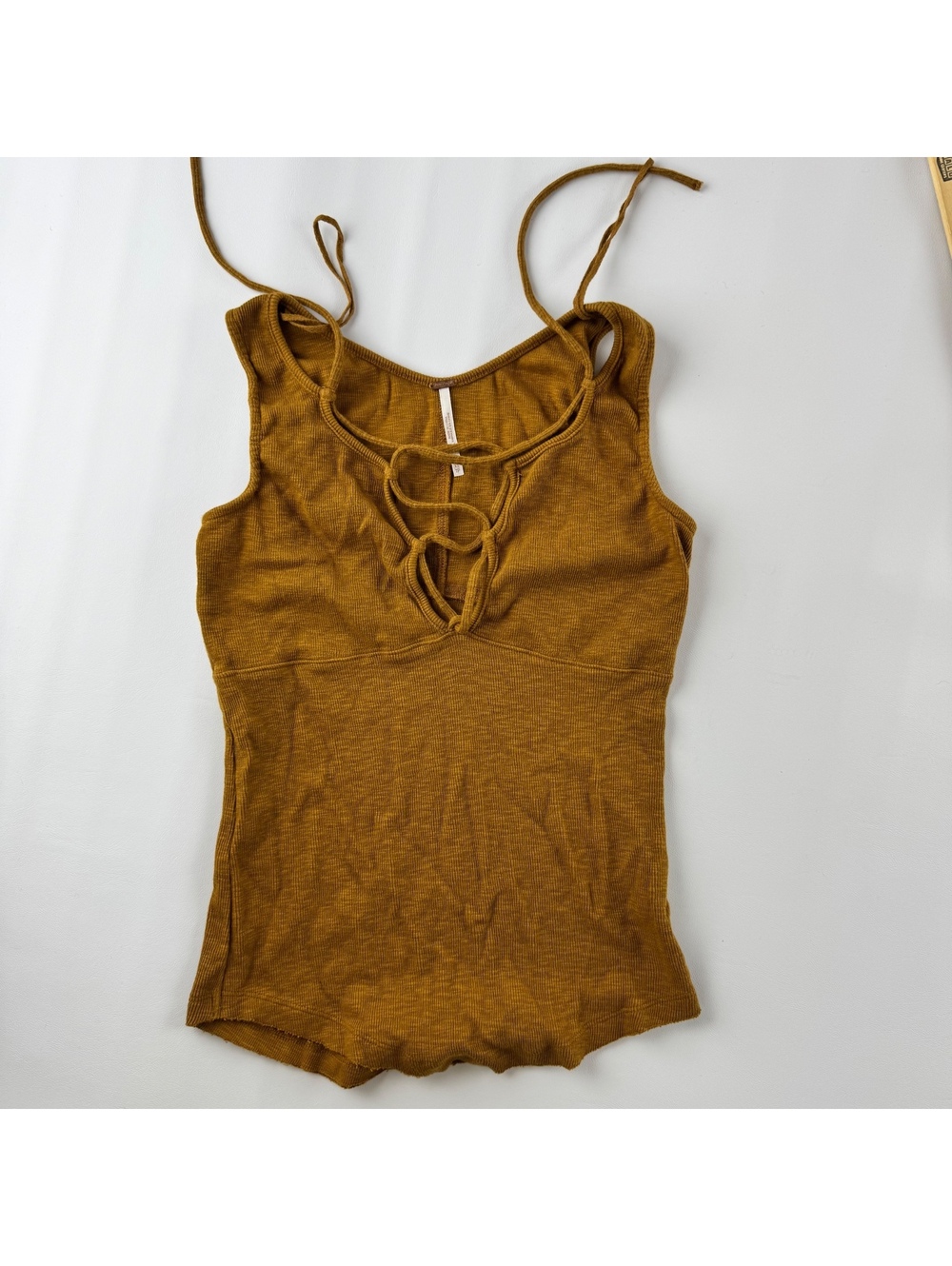 Free People Emmy Lou Lace Up Ribbed Tank Top Mustard Gold Size XS